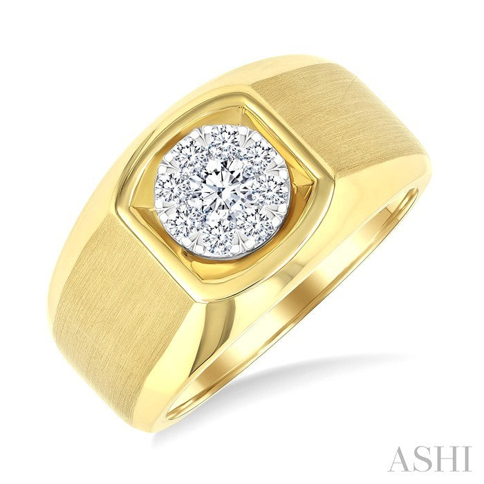 1/2 Ctw Basin Nestled Circular Mount Shine Bright Round Cut Diamond Men's Ring in 10K Yellow and White Gold