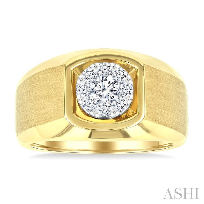 1/2 Ctw Basin Nestled Circular Mount Shine Bright Round Cut Diamond Men's Ring in 10K Yellow and White Gold
