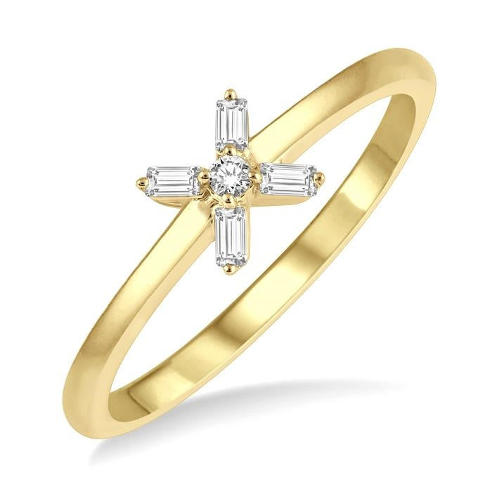 1/10 Ctw Cross Baguette and Round Cut Diamond Petite Fashion Ring in 10K Yellow Gold