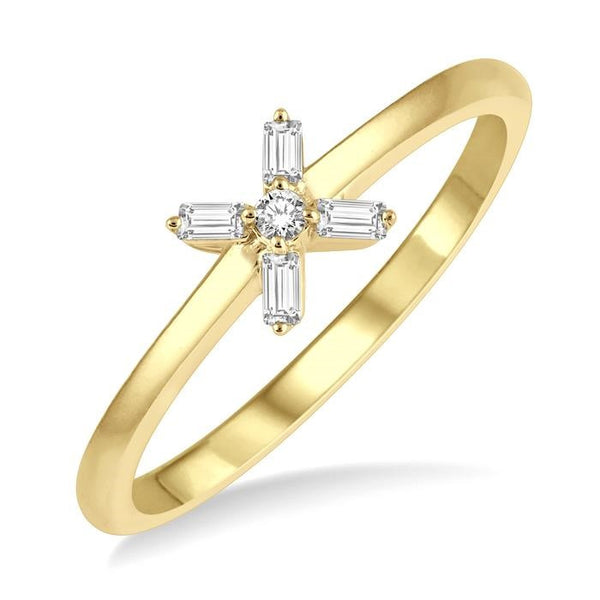 1/10 Ctw Cross Baguette and Round Cut Diamond Petite Fashion Ring in 10K Yellow Gold