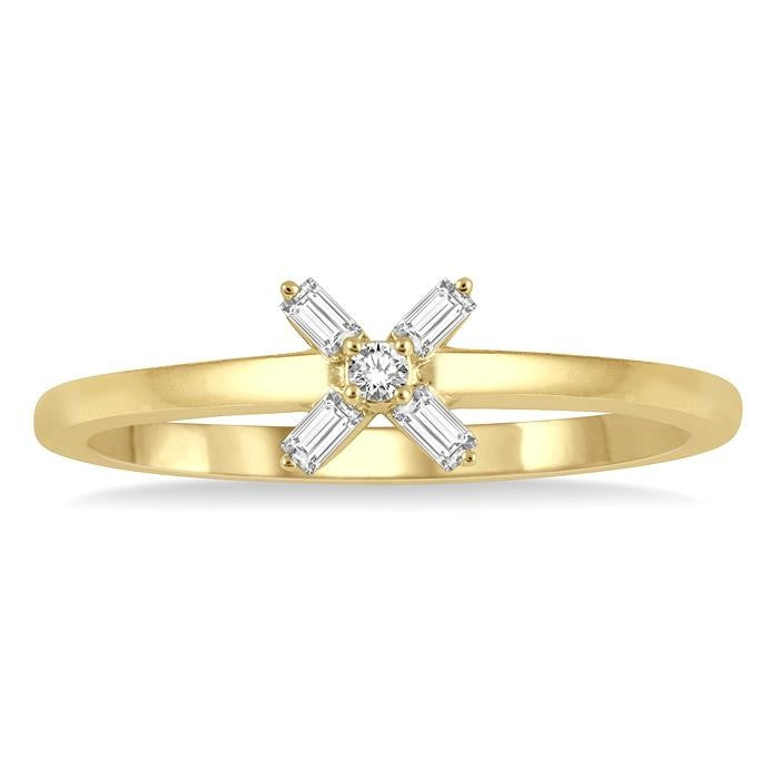 1/10 Ctw Cross Baguette and Round Cut Diamond Petite Fashion Ring in 10K Yellow Gold