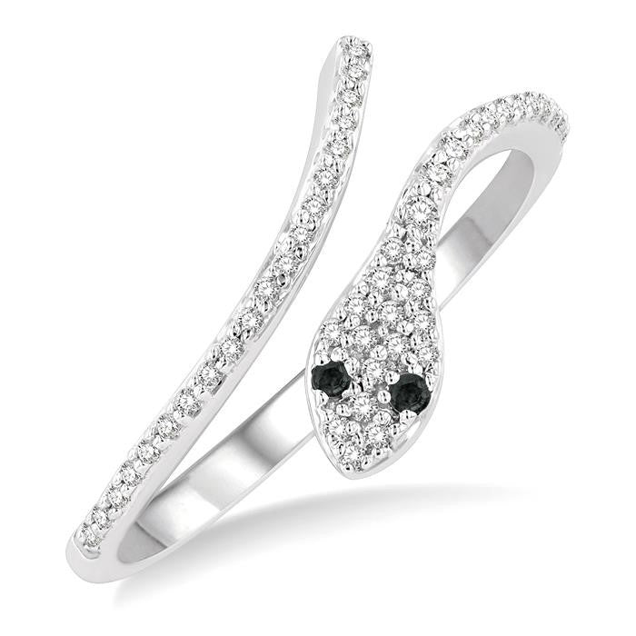 1/6 Ctw Serpent White & Black Round Cut Diamond Petite Open Fashion Ring in 10K White Gold