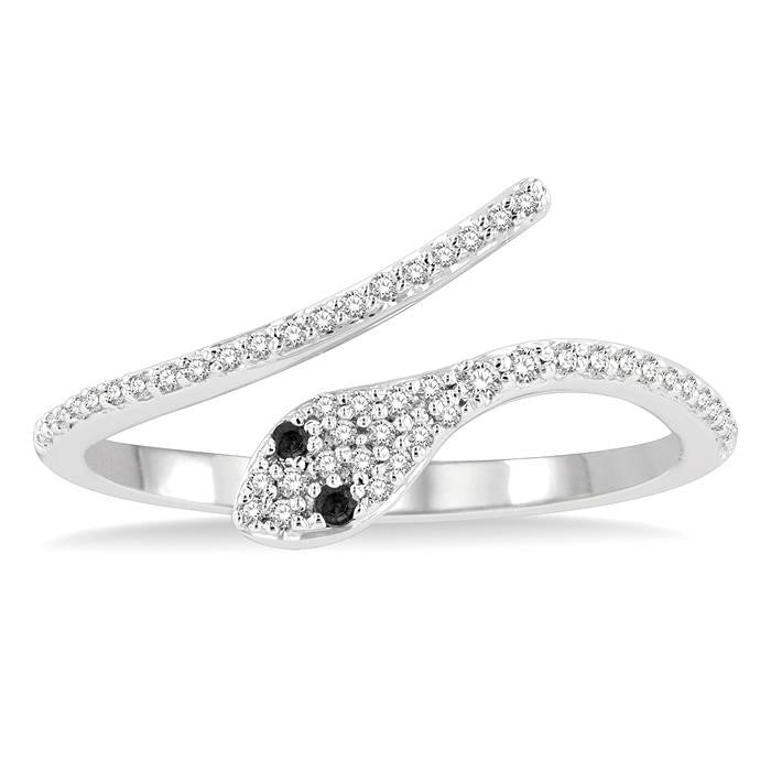1/6 Ctw Serpent White & Black Round Cut Diamond Petite Open Fashion Ring in 10K White Gold