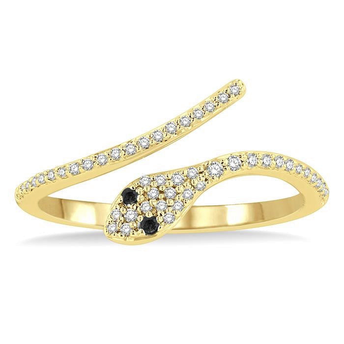 1/6 Ctw Serpent White & Black Round Cut Diamond Petite Open Fashion Ring in 10K Yellow Gold