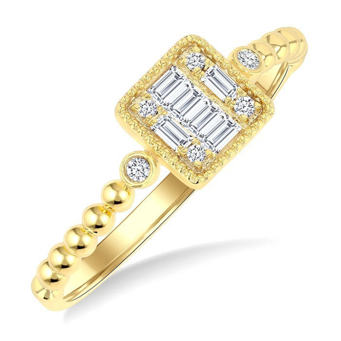 1/8 Ctw Petite Bead Shank Square Shape Center Round Cut Bead Bijoux Diamond Fashion Ring in 10K Yellow Gold