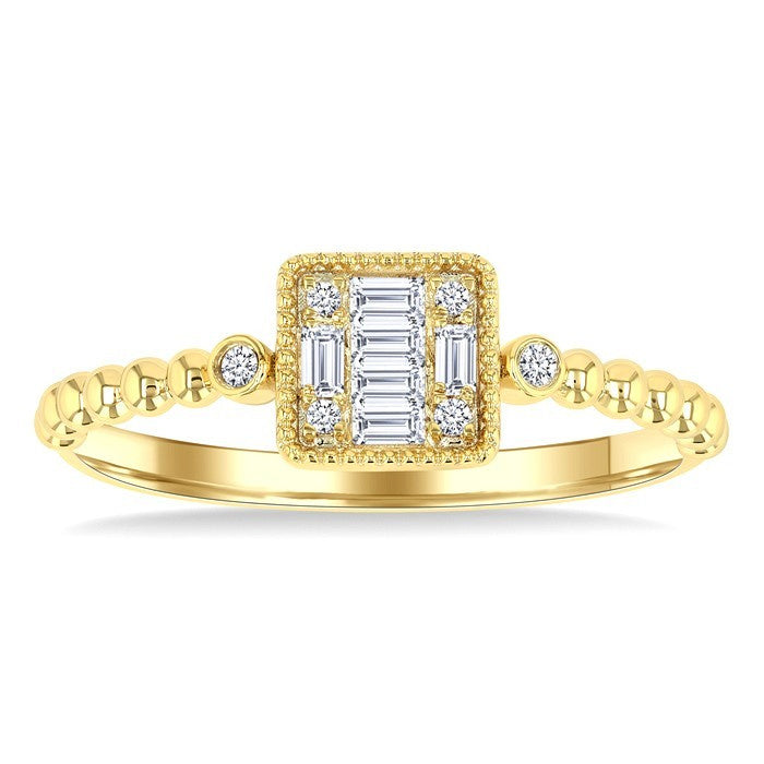 1/8 Ctw Petite Bead Shank Square Shape Center Round Cut Bead Bijoux Diamond Fashion Ring in 10K Yellow Gold