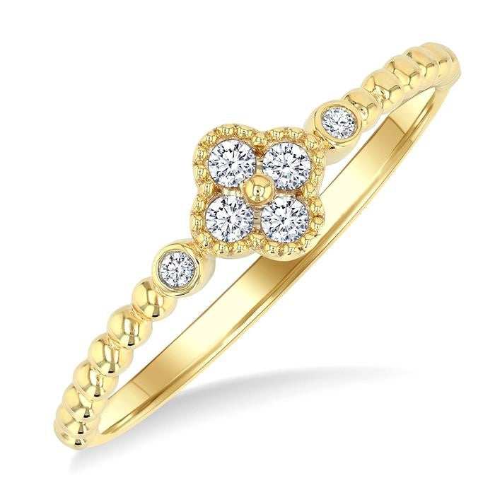 1/8 Ctw Petite Bead Shank Clover Leaf Round Cut Bead Bijoux Diamond Fashion Ring in 10K Yellow Gold