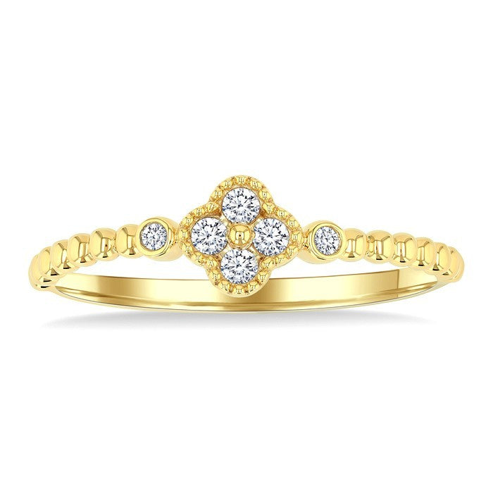 1/8 Ctw Petite Bead Shank Clover Leaf Round Cut Bead Bijoux Diamond Fashion Ring in 10K Yellow Gold