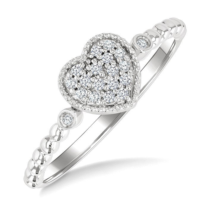1/8 Ctw Petite Bead Shank Heart Motif Round Cut Bead Bijoux Diamond Fashion Ring in 10K White Gold