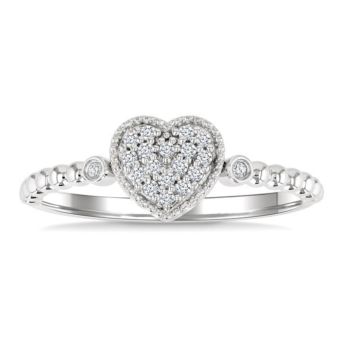 1/8 Ctw Petite Bead Shank Heart Motif Round Cut Bead Bijoux Diamond Fashion Ring in 10K White Gold