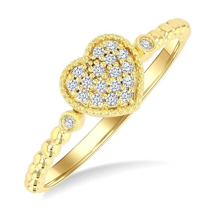 1/8 Ctw Petite Bead Shank Heart Motif Round Cut Bead Bijoux Diamond Fashion Ring in 10K Yellow Gold