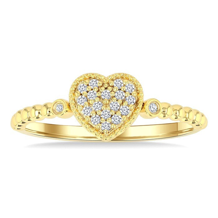 1/8 Ctw Petite Bead Shank Heart Motif Round Cut Bead Bijoux Diamond Fashion Ring in 10K Yellow Gold