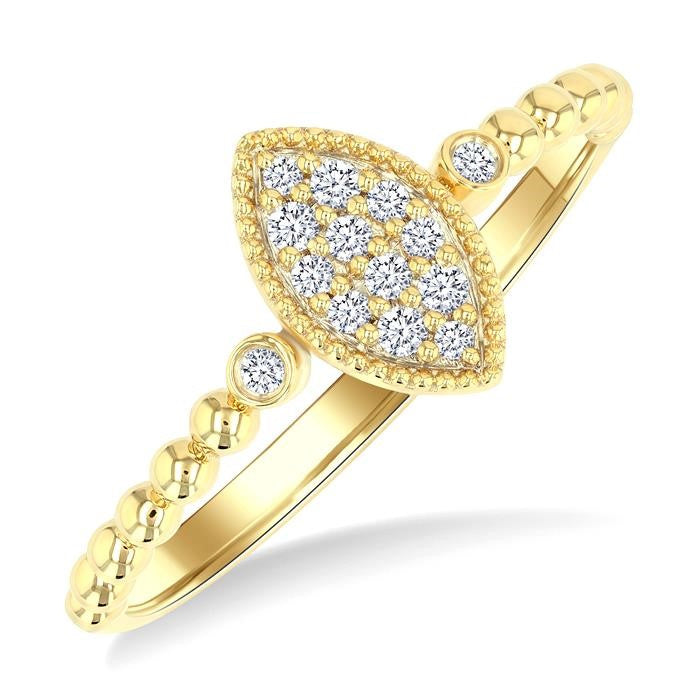 1/8 Ctw Petite Bead Shank Marquise Shape Center Round Cut Bead Bijoux Diamond Fashion Ring in 10K Yellow Gold