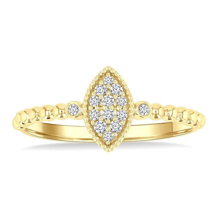 1/8 Ctw Petite Bead Shank Marquise Shape Center Round Cut Bead Bijoux Diamond Fashion Ring in 10K Yellow Gold