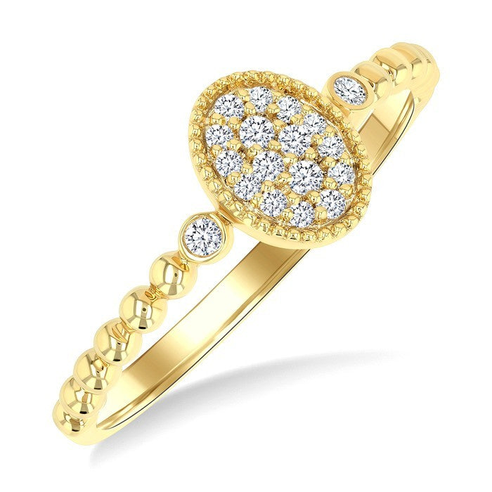 1/8 Ctw Petite Bead Shank Oval Center Round Cut Bead Bijoux Diamond Fashion Ring in 10K Yellow Gold