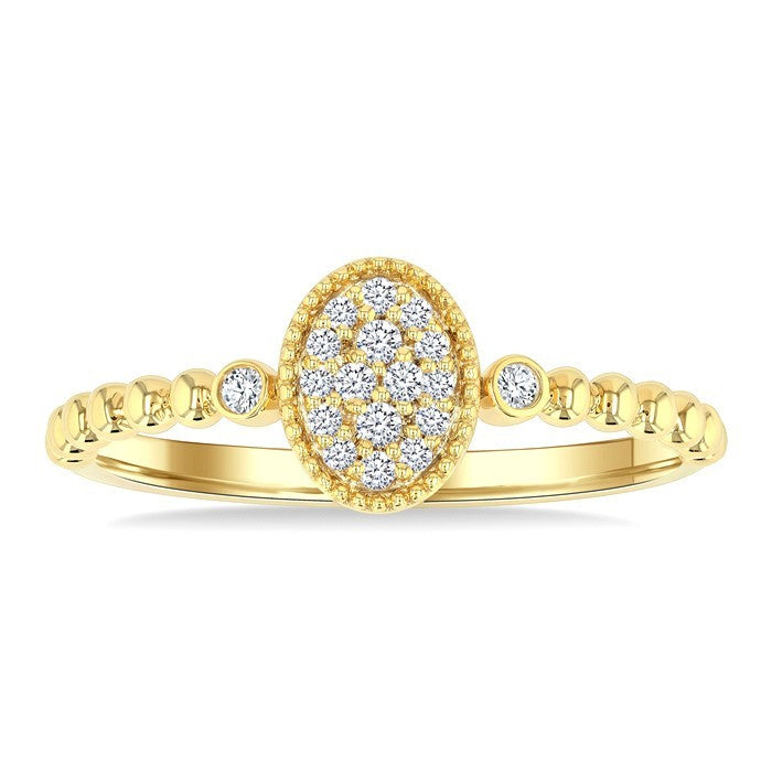 1/8 Ctw Petite Bead Shank Oval Center Round Cut Bead Bijoux Diamond Fashion Ring in 10K Yellow Gold
