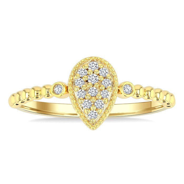 1/8 Ctw Petite Bead Shank Pear Shape Center Round Cut Bead Bijoux Diamond Fashion Ring in 10K Yellow Gold