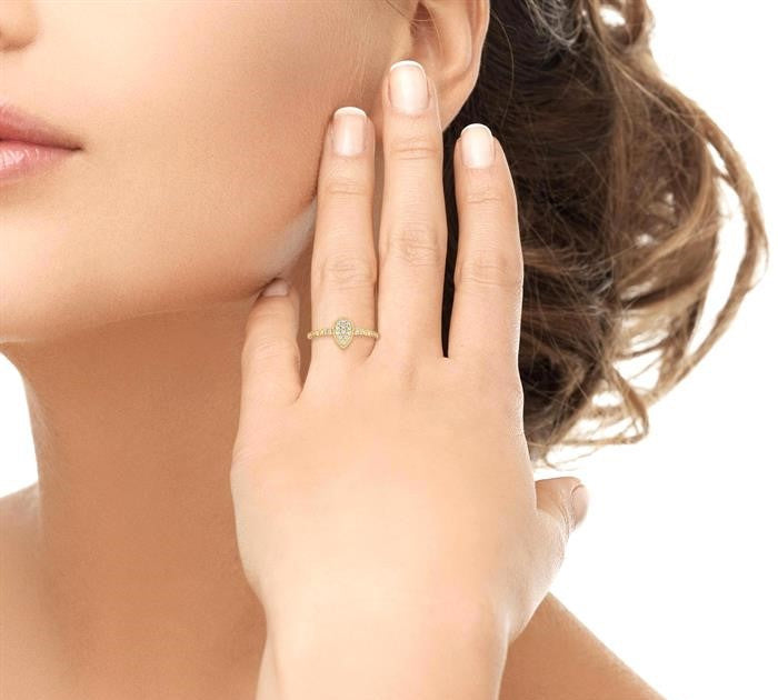 1/8 Ctw Petite Bead Shank Pear Shape Center Round Cut Bead Bijoux Diamond Fashion Ring in 10K Yellow Gold