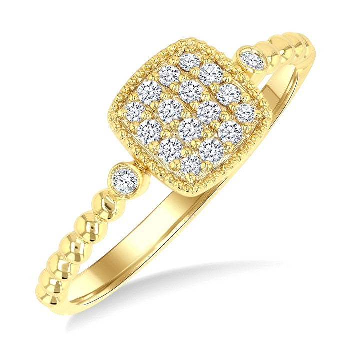 1/8 Ctw Petite Bead Shank Cushion Shape Center Round Cut Bead Bijoux Diamond Fashion Ring in 10K Yellow Gold