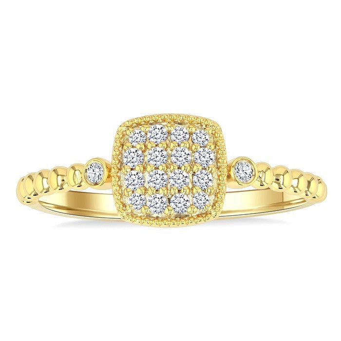 1/8 Ctw Petite Bead Shank Cushion Shape Center Round Cut Bead Bijoux Diamond Fashion Ring in 10K Yellow Gold