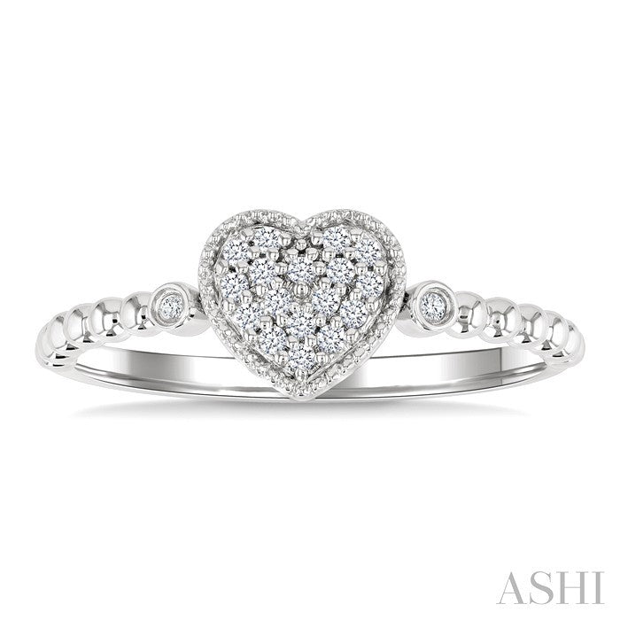 1/8 Ctw Petite Bead Shank Heart Motif Round Cut Bead Bijoux Diamond Fashion Ring in 10K White Gold
