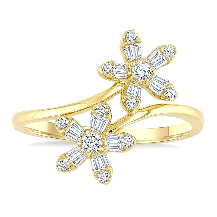 1/3 Ctw Petite Floral Bypass Baguette and Round Cut Diamond Fashion Ring in 10K Yellow Gold