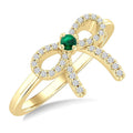 2.40 MM Round Shape Emerald and 1/8 Ctw Round Cut Diamond Bow Petite Precious Fashion Ring in 10K Yellow Gold