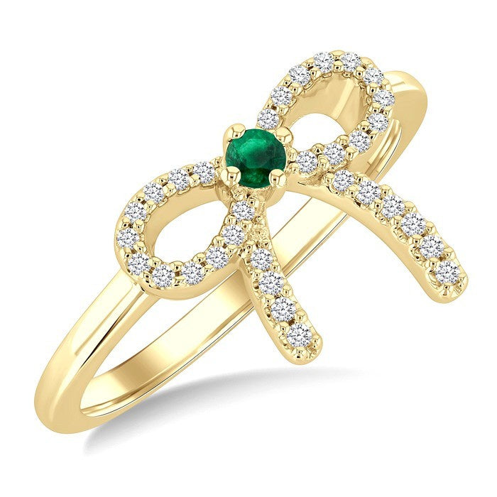 2.40 MM Round Shape Emerald and 1/8 Ctw Round Cut Diamond Bow Petite Precious Fashion Ring in 10K Yellow Gold