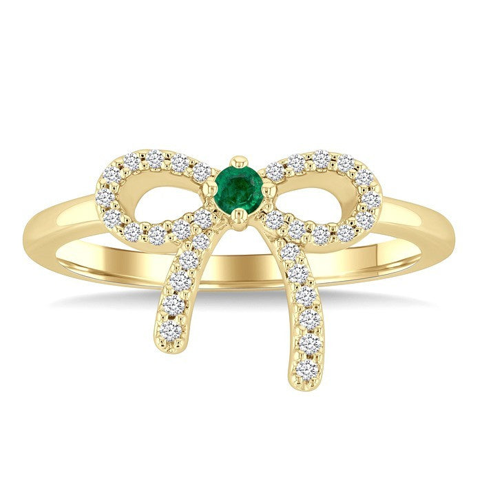 2.40 MM Round Shape Emerald and 1/8 Ctw Round Cut Diamond Bow Petite Precious Fashion Ring in 10K Yellow Gold