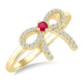 2.40 MM Round Shape Ruby and 1/8 Ctw Round Cut Diamond Bow Petite Precious Fashion Ring in 10K Yellow Gold
