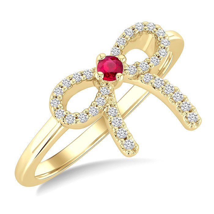 2.40 MM Round Shape Ruby and 1/8 Ctw Round Cut Diamond Bow Petite Precious Fashion Ring in 10K Yellow Gold