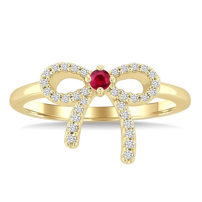 2.40 MM Round Shape Ruby and 1/8 Ctw Round Cut Diamond Bow Petite Precious Fashion Ring in 10K Yellow Gold