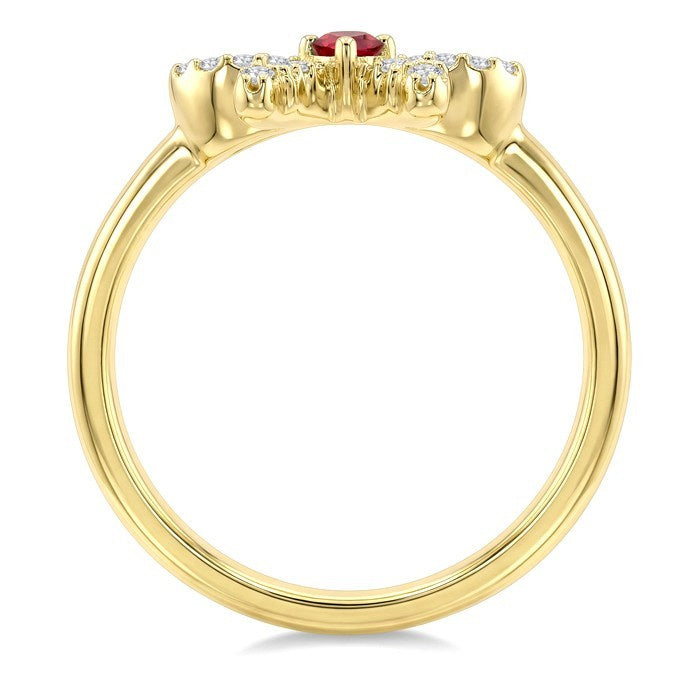 2.40 MM Round Shape Ruby and 1/8 Ctw Round Cut Diamond Bow Petite Precious Fashion Ring in 10K Yellow Gold