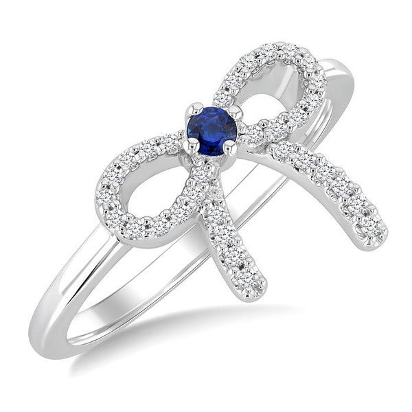 2.40 MM Round Shape Sapphire and 1/8 Ctw Round Cut Diamond Bow Petite Precious Fashion Ring in 10K White Gold