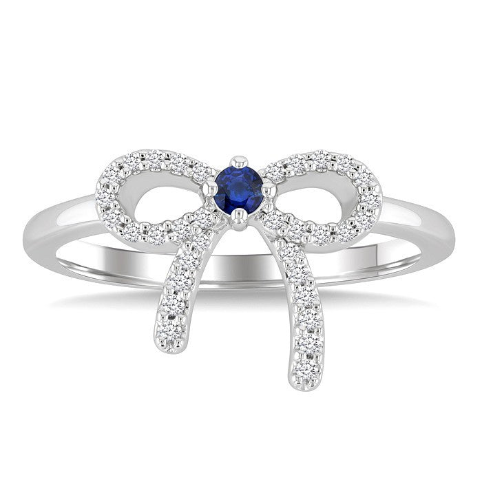 2.40 MM Round Shape Sapphire and 1/8 Ctw Round Cut Diamond Bow Petite Precious Fashion Ring in 10K White Gold