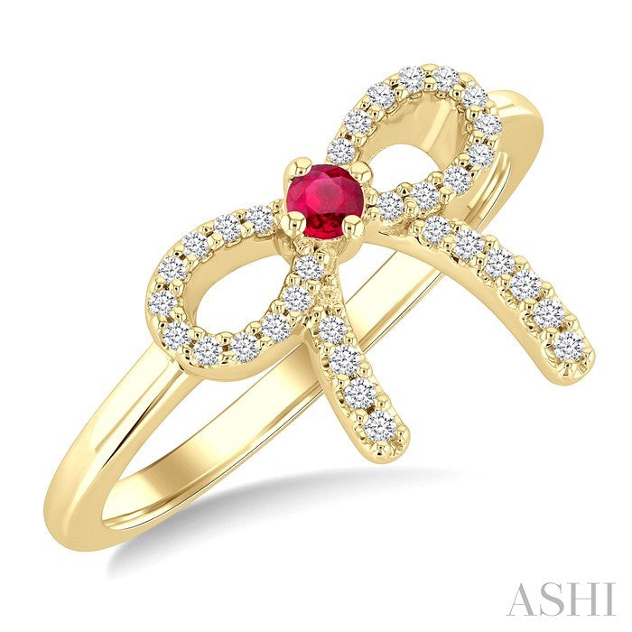 2.40 MM Round Shape Ruby and 1/8 Ctw Round Cut Diamond Bow Petite Precious Fashion Ring in 10K Yellow Gold