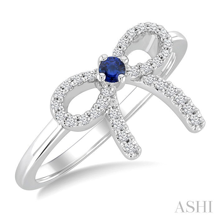 2.40 MM Round Shape Sapphire and 1/8 Ctw Round Cut Diamond Bow Petite Precious Fashion Ring in 10K White Gold