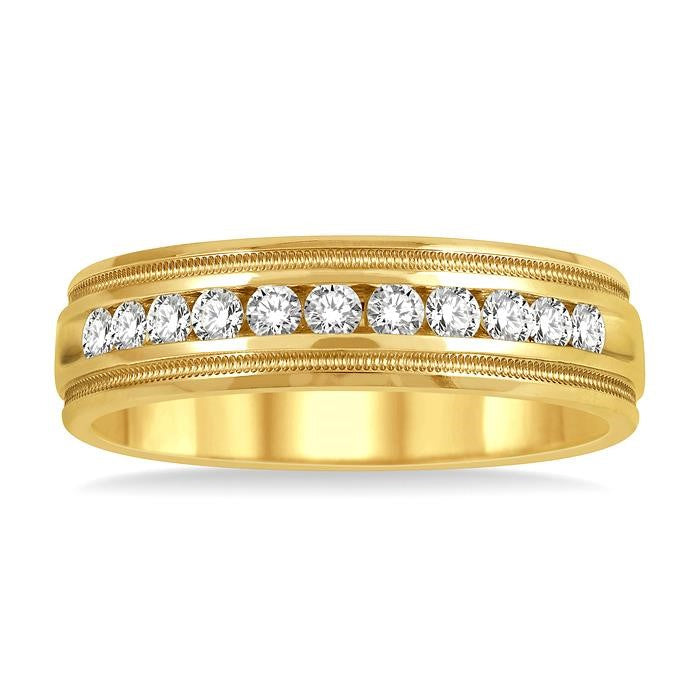 1/2 Ctw Parallel Milgrain & Niched Center Round Cut Diamond Men's Wedding Band in 14K Yellow Gold