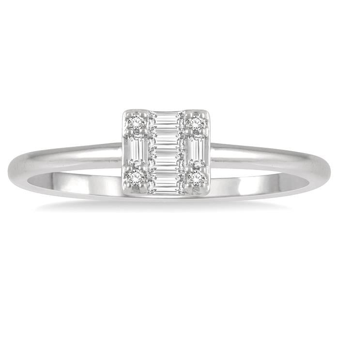 1/8 Ctw Square Shape Baguette and Round Cut Diamond Petite Fashion Ring in 14K White Gold