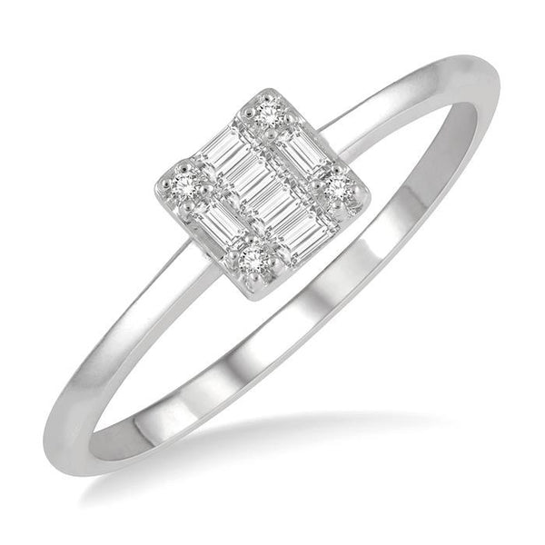 1/8 Ctw Square Shape Baguette and Round Cut Diamond Petite Fashion Ring in 10K White Gold