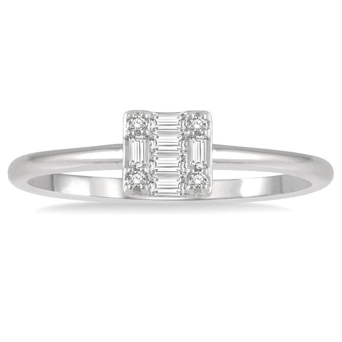 1/8 Ctw Square Shape Baguette and Round Cut Diamond Petite Fashion Ring in 10K White Gold