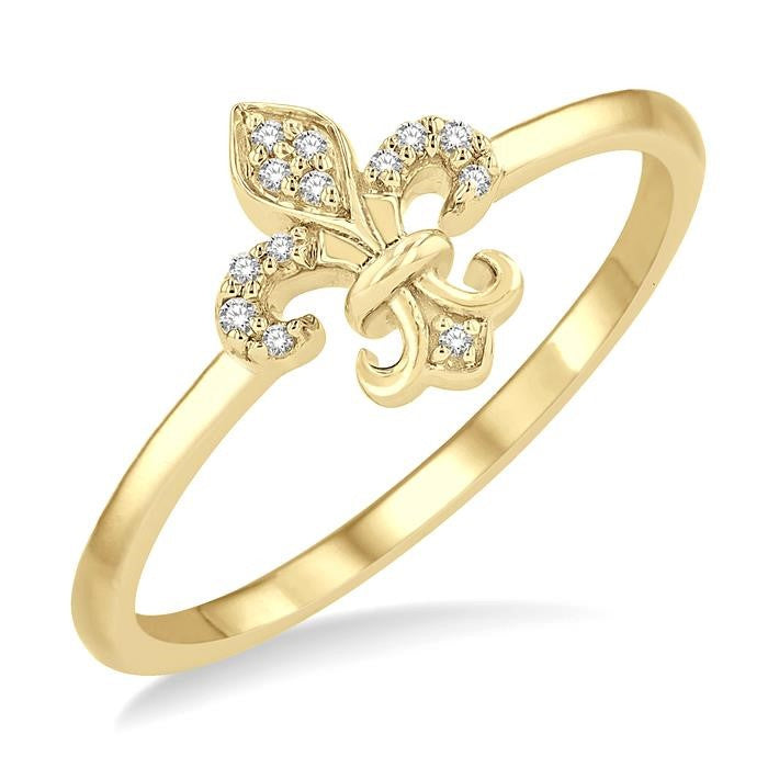 1/20 Ctw Fleur De Lis Round Cut Diamond Petite Fashion Ring in 10K Yellow Gold
