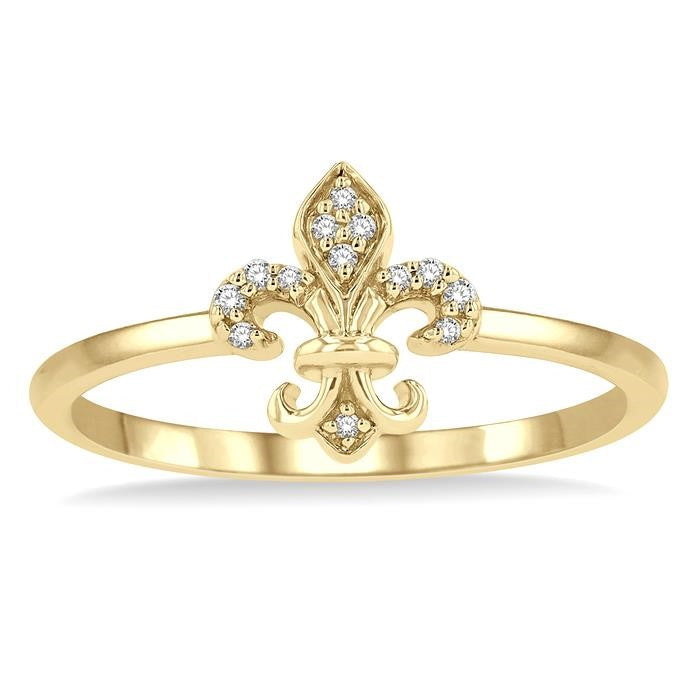 1/20 Ctw Fleur De Lis Round Cut Diamond Petite Fashion Ring in 10K Yellow Gold