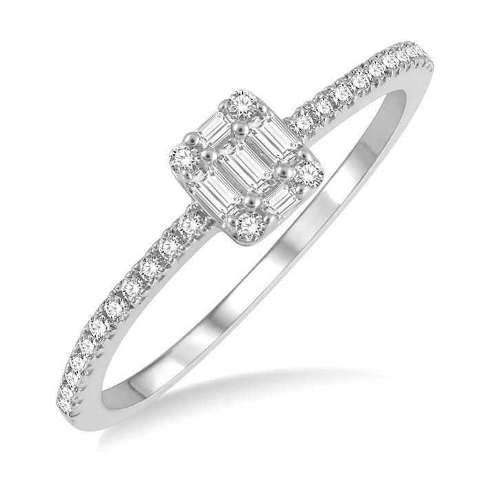 1/4 Ctw Cushion Shape Petite Baguette and Round Cut Diamond Fashion Promise Ring in 14K White Gold