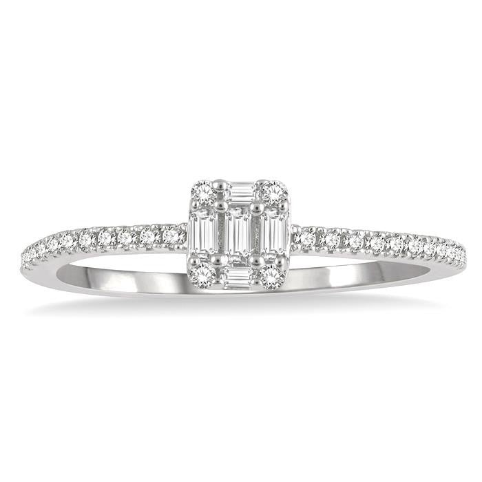 1/4 Ctw Cushion Shape Petite Baguette and Round Cut Diamond Fashion Promise Ring in 14K White Gold