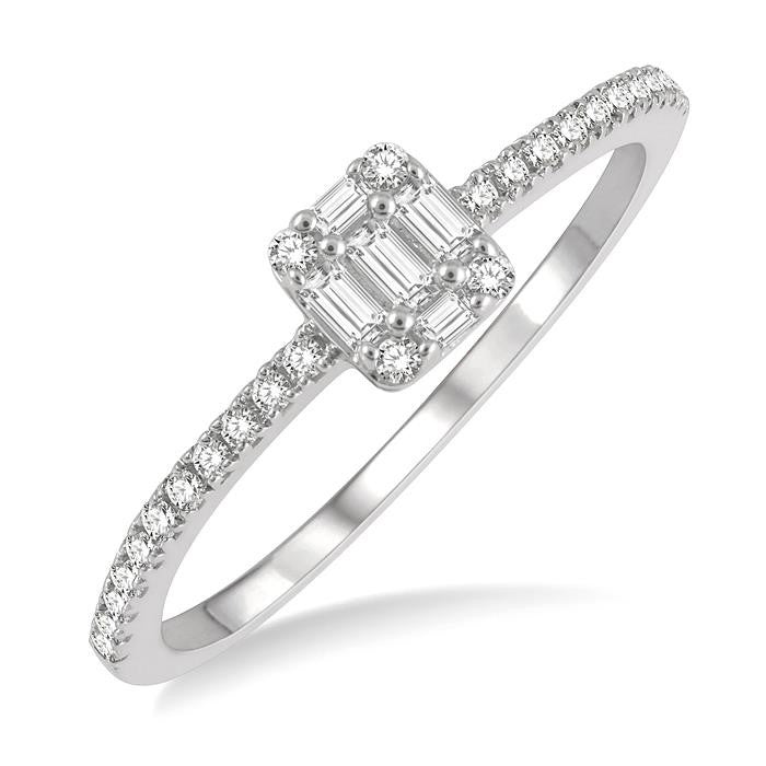 1/4 Ctw Cushion Shape Petite Baguette and Round Cut Diamond Fashion Promise Ring in 10K White Gold