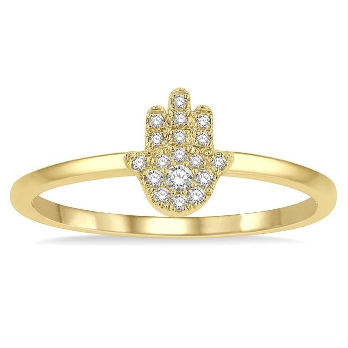 1/10 Ctw Hamsa Round Cut Diamond Fashion Petite Ring in 10K Yellow Gold