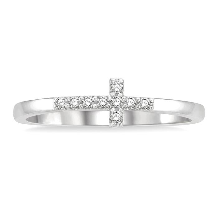 1/10 Ctw Petite Reclining Cross Round Cut Diamond Stackable Fashion Ring in 10K White Gold