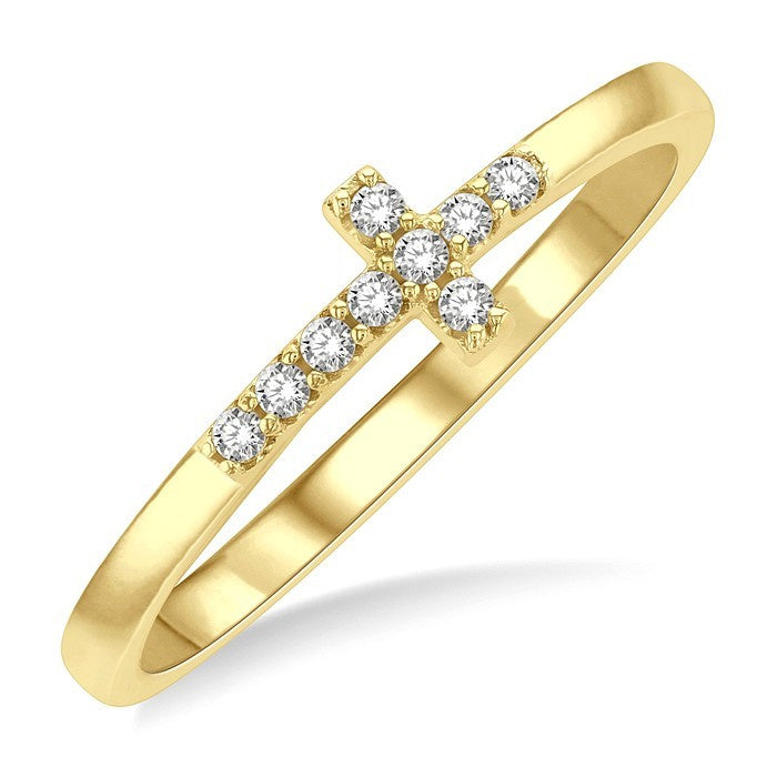 1/10 Ctw Petite Reclining Cross Round Cut Diamond Stackable Fashion Ring in 10K Yellow Gold