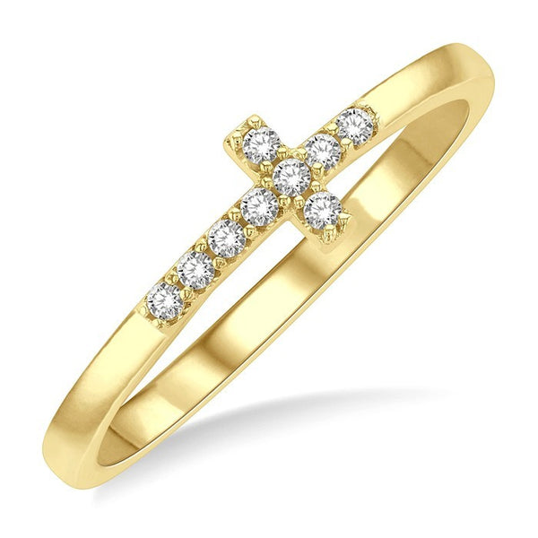 1/10 Ctw Petite Reclining Cross Round Cut Diamond Stackable Fashion Ring in 10K Yellow Gold